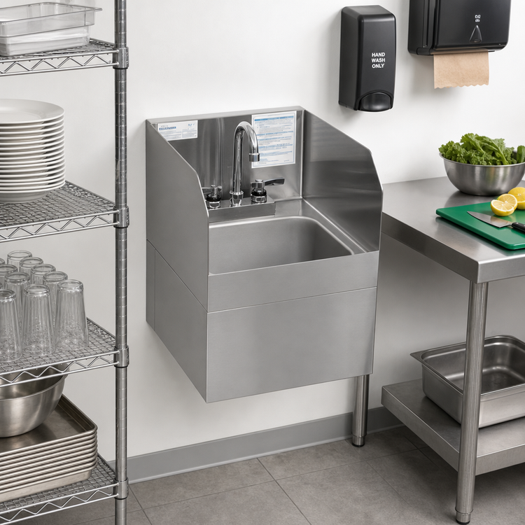 Product image #2 for Glastender Wall-Mount Stainless Steel Hand Sink with Skirt, Faucet and Side Splashes, 14 x 15 Inches