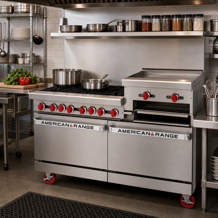 Product image #2 for American Range 72-Inch Gas Restaurant Range with 8 Open Burners, 24-Inch Raised Griddle/Broiler, Standard Oven, and Storage Base