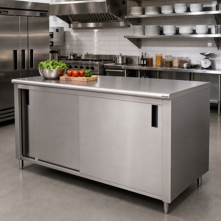 Product image #2 for Advance Tabco 144-Inch x 36-Inch Enclosed Work Table with Cabinet Base, Sliding Doors, and 14-Gauge 304 Stainless Steel Top