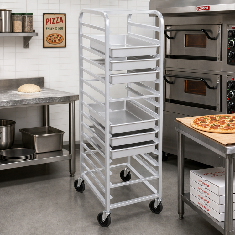 Product image #3 for Channel Manufacturing RB-5 Aluminum End-Load Pizza Pan / Dough Box Rack with Casters, 12 Pan Capacity