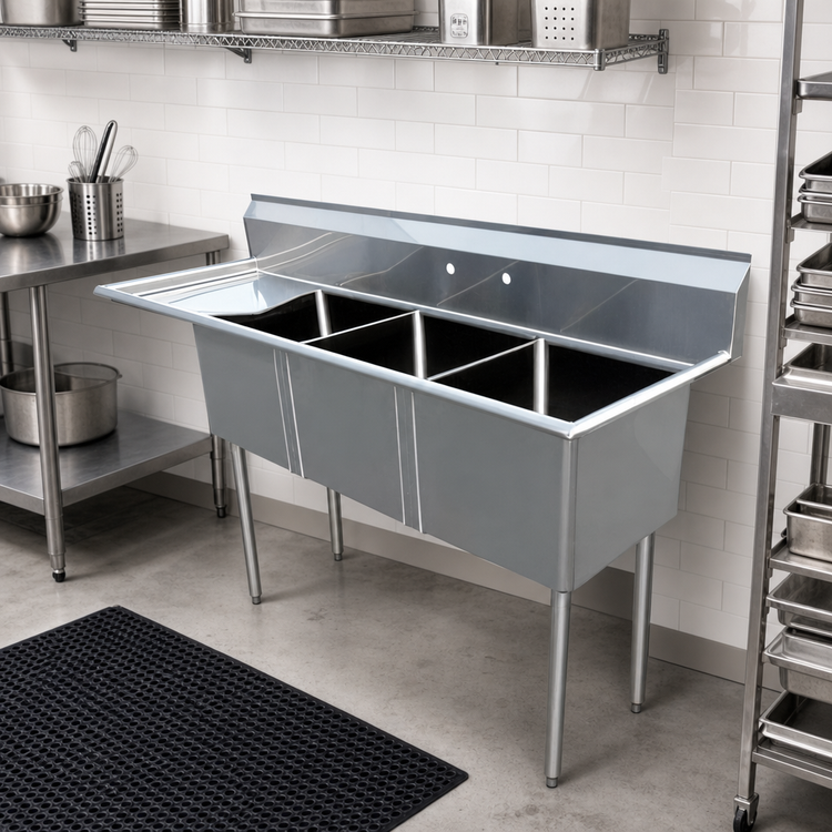 Product image #2 for Omcan USA 48 1/2-Inch Three-Compartment Pot Sink with Left Drainboard, Center Drain, and Galvanized Legs