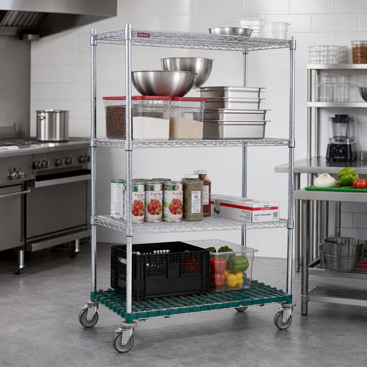 Product image #2 for Eagle Group QuadTruss Chrome Mobile 4-Tier Wire Shelving Starter Unit with Dunnage Shelf, 48 x 24 x 79 Inches