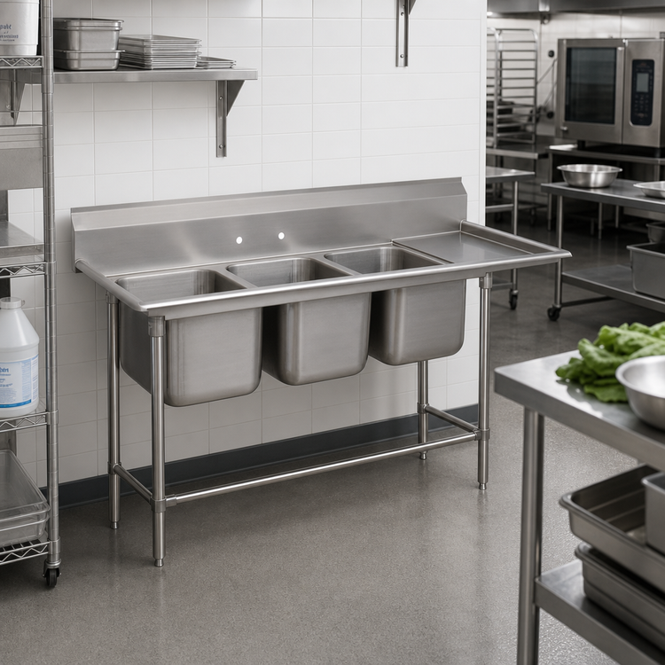 Product image #2 for Advance Tabco Regaline 3-Compartment Commercial Sink with Right-Hand Drainboard, 20 x 20 x 14 Inch Bowls