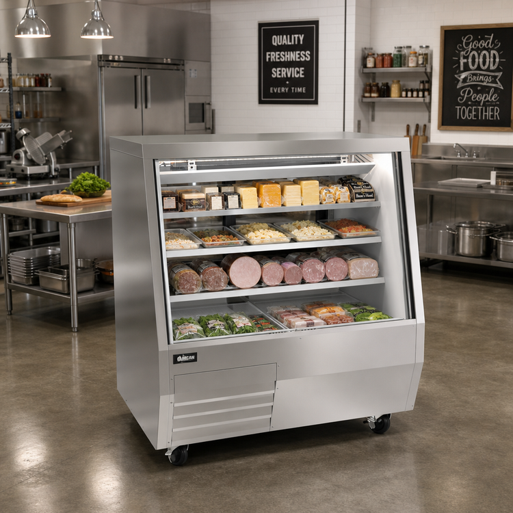 Product image #2 for Omcan USA 50-Inch Full-Service Refrigerated Deli Display Case, Floor Model, Square Glass Front, Bottom-Mount Self-Contained