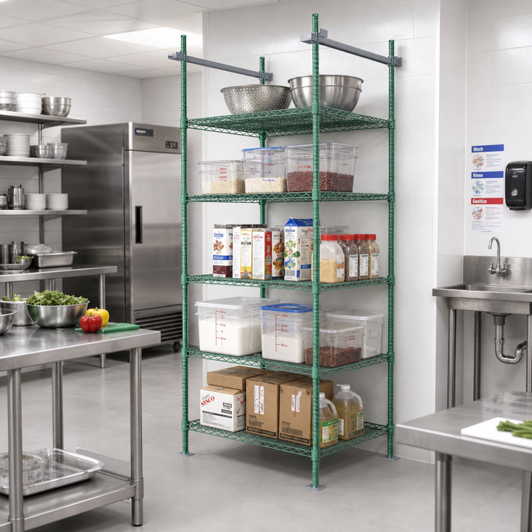 Product image #2 for Quantum 24-Inch Intermediate Overhead Track Shelving Kit, 86-Inch Posts, Green Epoxy Antimicrobial Finish