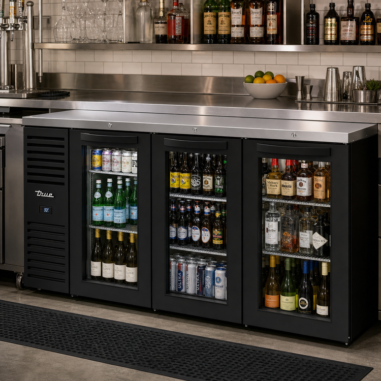 Product image #2 for True Premier Bar 72-Inch Three-Section Refrigerated Back Bar Cooler with Glass Doors and Stainless Top