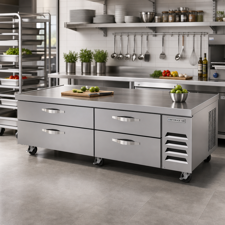Product image #3 for Beverage-Air 84-Inch Four-Drawer Chef Base Refrigerator with Stainless Steel Top and Side-Mounted Self-Contained R290 Refrigeration