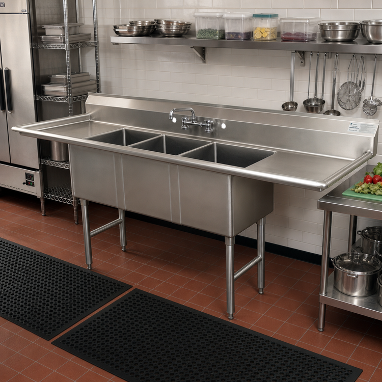 Product image #2 for Advance Tabco 3-Compartment Fabricated Sink with Left & Right Drainboards, 20 x 28 x 14-Inch Bowls, 304 Stainless Steel