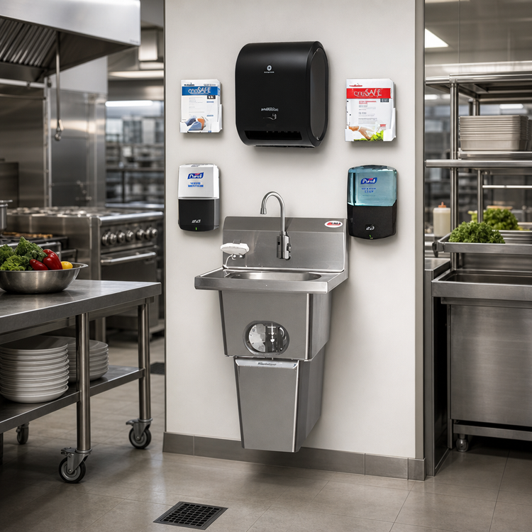 Product image #2 for MicroGard Touch-Free Handwashing System with Waste Receptacle and End Splashes, 304 Stainless Steel