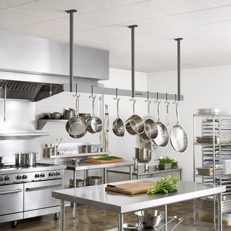 Product image #2 for John Boos Ceiling-Mount Single-Bar Stainless Steel Pot Rack with 9 Double Hooks