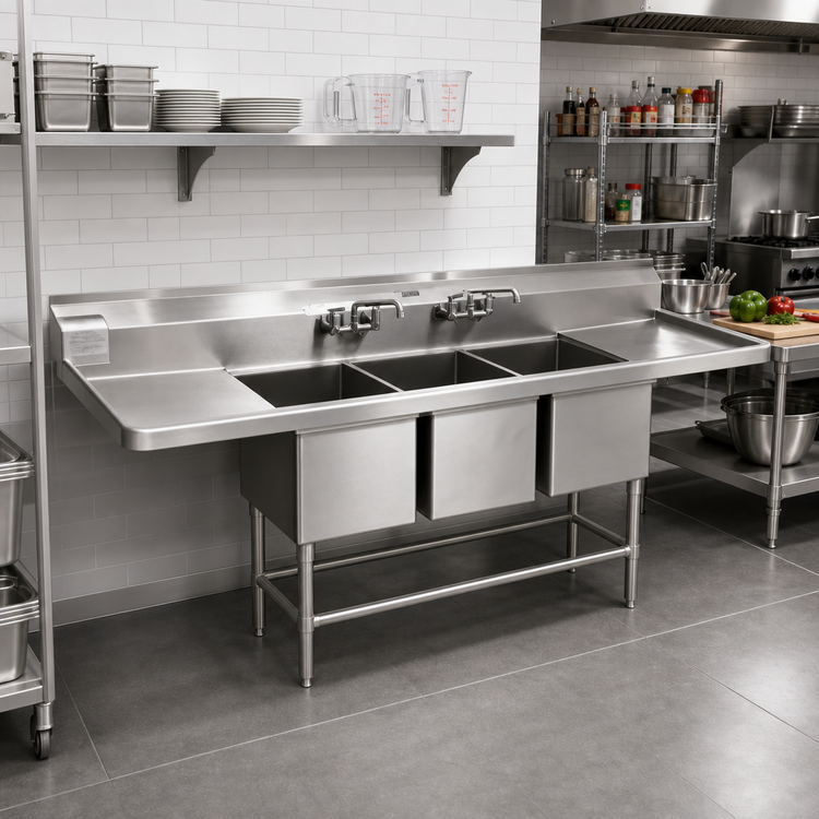 Product image #2 for Eagle Spec-Master FN Series Coved Corner Three-Compartment Stainless Steel Sink with Left 30-Inch Drainboard