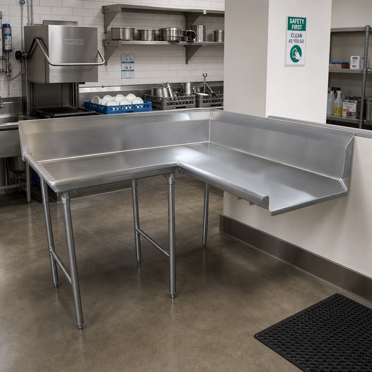 Product image #2 for Advance Tabco Korner Clean Left-Hand L-Shaped Dish Table, 83 Inch, 14 Gauge 304 Stainless Steel
