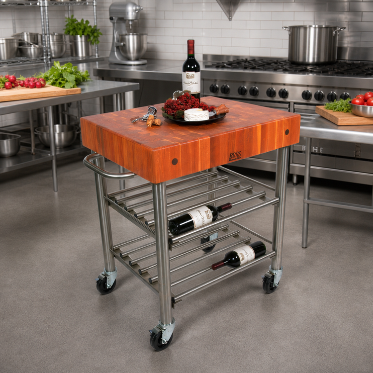 Product image #2 for Cucina D'Amico American Cherry End-Grain Butcher Block Wine Cart with Stainless Steel Base and Locking Casters