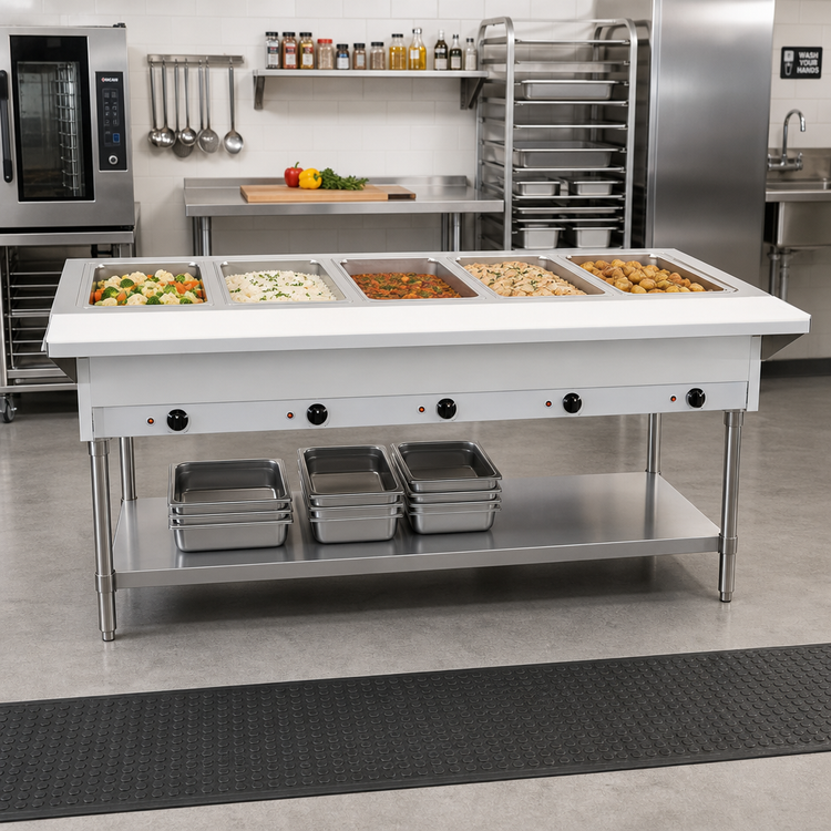 Product image #2 for Omcan Electric Open Well Steam Table with Cutting Board and Undershelf, 72-Inch, 5-Pan Capacity