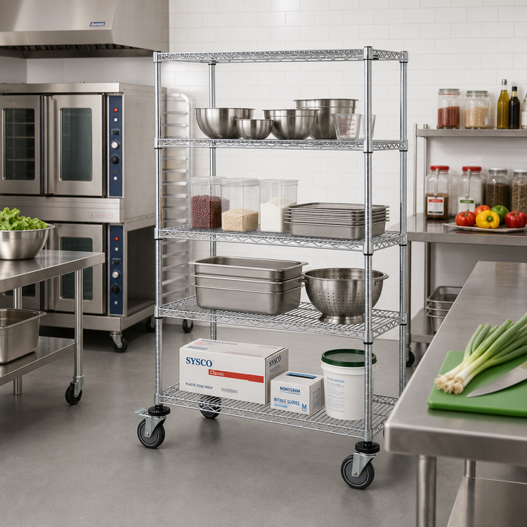 Product image #2 for Quantum Mobile Wire Shelving Cart, 36 x 24 x 80 Inches, 4 Shelves, Chrome Plated Finish