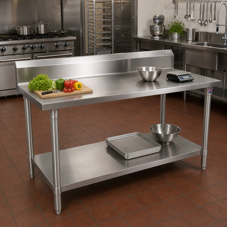 Product image #2 for John Boos Stallion 108-Inch Stainless Steel Top Work Table with 5-Inch Backsplash, Open Galvanized Base, and Adjustable Undershelf