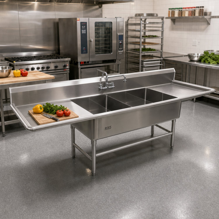 Product image #2 for John Boos Pro-Bowl 3-Compartment Platter Sink with Dual 30-Inch Drainboards, 14-Inch Deep Bowls, Stainless Steel Legs