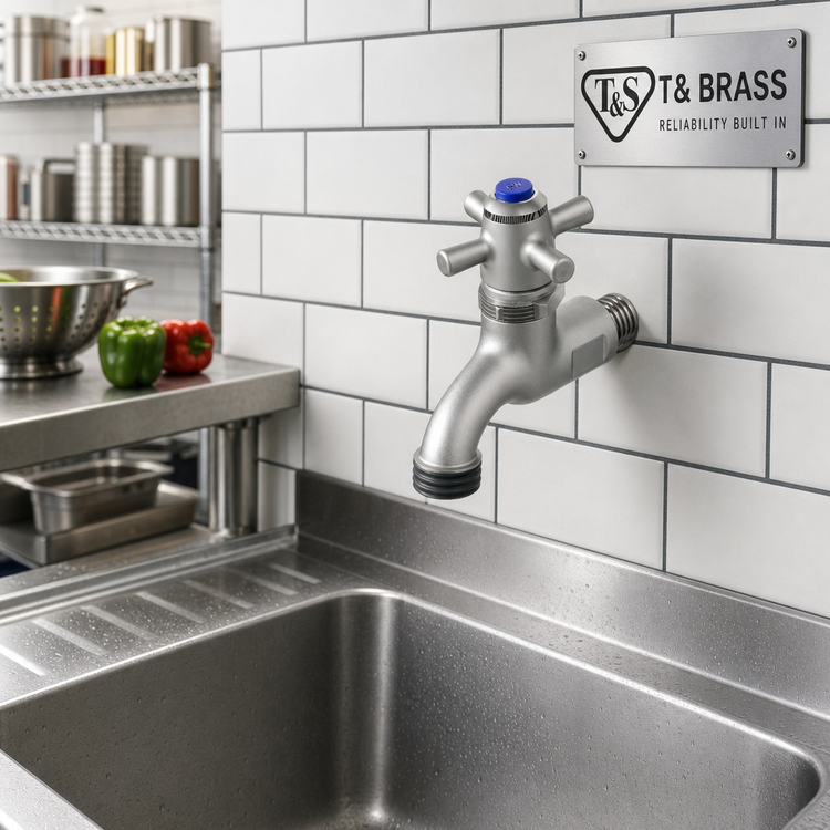 Product image #2 for T&S Brass Wall-Mounted Self-Closing Single Sink Faucet with 4-Arm Handle