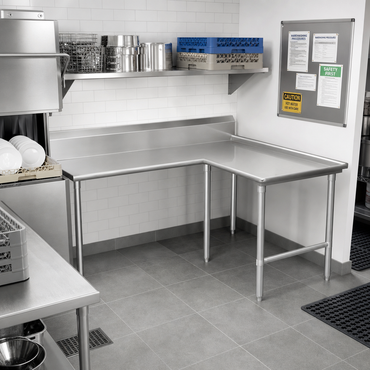 Product image #2 for John Boos Pro-Bowl L-Shaped Island Clean Dishtable, 60" Machine-to-Corner x 120" Corner-to-End, Left-to-Right, 14/300 Stainless Steel Top