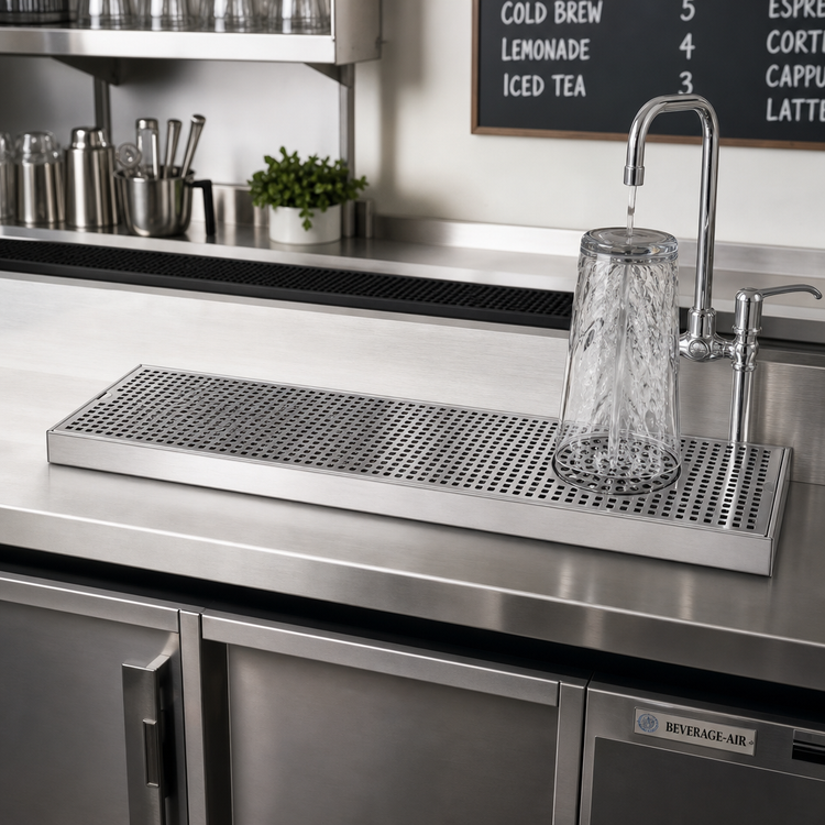 Product image #2 for 30 Inch Surface-Mount Stainless Steel Drip Tray Trough with Integral Glass Rinser