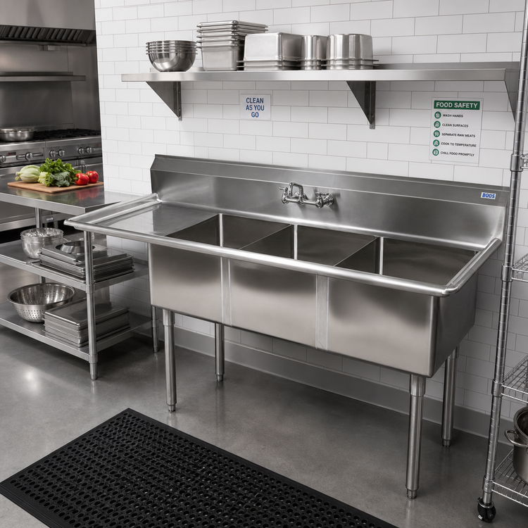 Product image #2 for John Boos E-Series 3-Compartment Stainless Steel Sink with Left Drainboard, 68-1/2 in. W x 25-1/2 in. D x 43-3/4 in. H