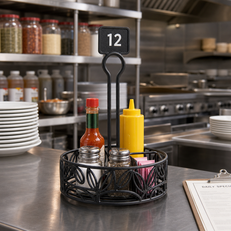 Product image #2 for Ironworks 6-1/4 Inch Round Black Wrought Iron Condiment Rack with Center Handle and Table Number Slot
