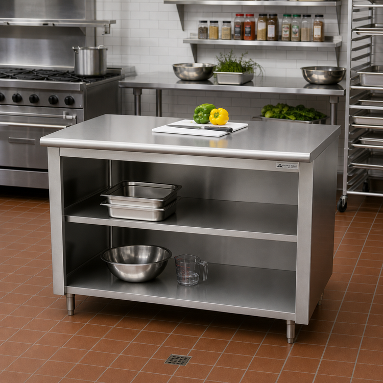 Product image #2 for Advance Tabco 60 Inch x 30 Inch Open Front Cabinet Base Work Table with Mid-Shelf and 14 Gauge 304 Stainless Steel Top