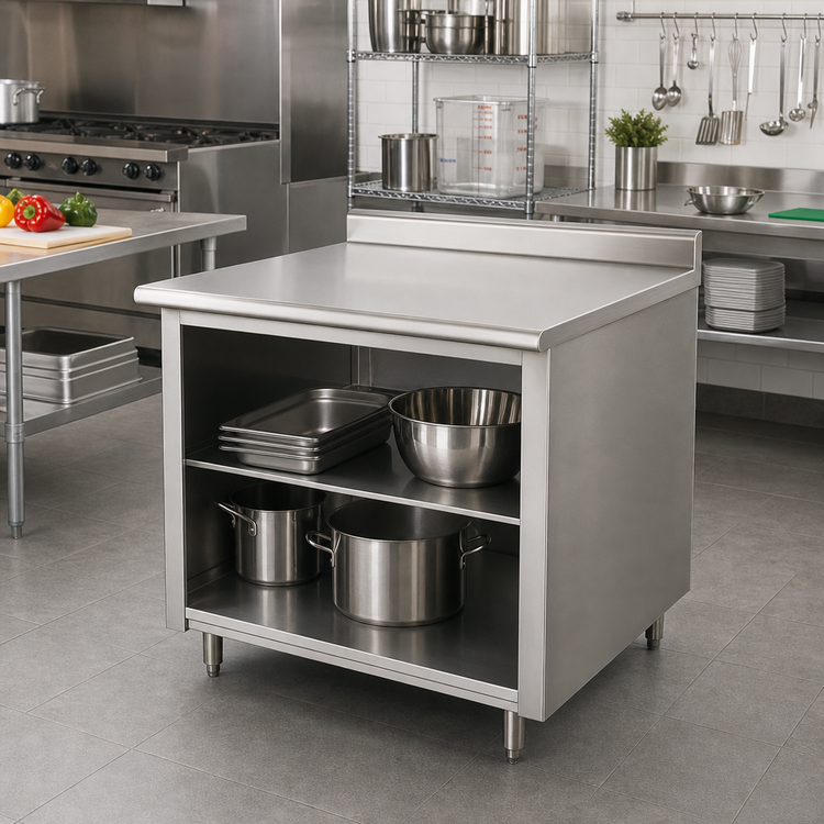 Product image #2 for Advance Tabco 60"W x 24"D 14 Gauge 304 Stainless Steel Work Table with Open Front Cabinet Base, Mid-Shelf, and 5" Backsplash