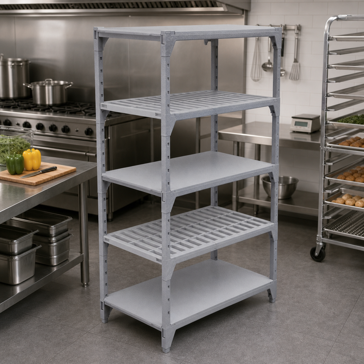 Product image #3 for Cambro Camshelving Premium 24" W x 42" L 5-Shelf Vented and Solid Shelf Kit, Speckled Gray