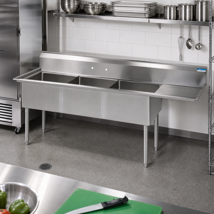 Product image #2 for BK Resources Three-Compartment Sink with Right Drainboard, 16 x 20 x 12 Bowls, 68-1/2 Inch Overall, 304 Stainless Steel