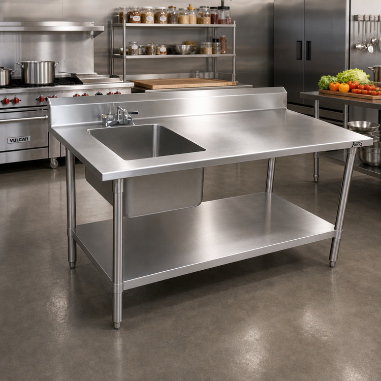 Product image #2 for John Boos 60-Inch Stainless Steel Prep Table with Left Sink Bowl, 5-Inch Backsplash and Undershelf
