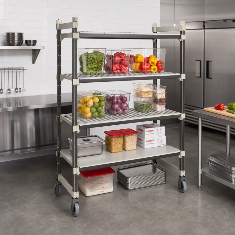 Product image #2 for Cambro Camshelving Elements XTRA 4-Tier High Density Top Rail Mobile Starter Unit, 18 x 60 x 80 Inches, 3 Vented + 1 Solid Shelf Configuration