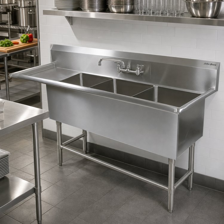 Product image #2 for John Boos Pro-Bowl 3-Compartment Sink with 24-Inch Left Drainboard, 20 x 20 x 14-Inch Bowls, 14-Gauge Type 300 Stainless Steel