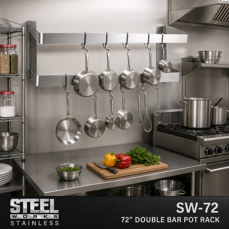 Product image #2 for Steel Works Stainless SW-72 72-Inch Wall-Mount Double-Bar Stainless Steel Pot Rack