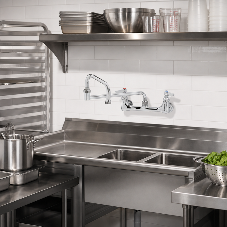 Product image #2 for T&S Brass Double Pantry Wall-Mount Mixing Faucet, 8-Inch Centers, 15-Inch Double Joint Swing Nozzle