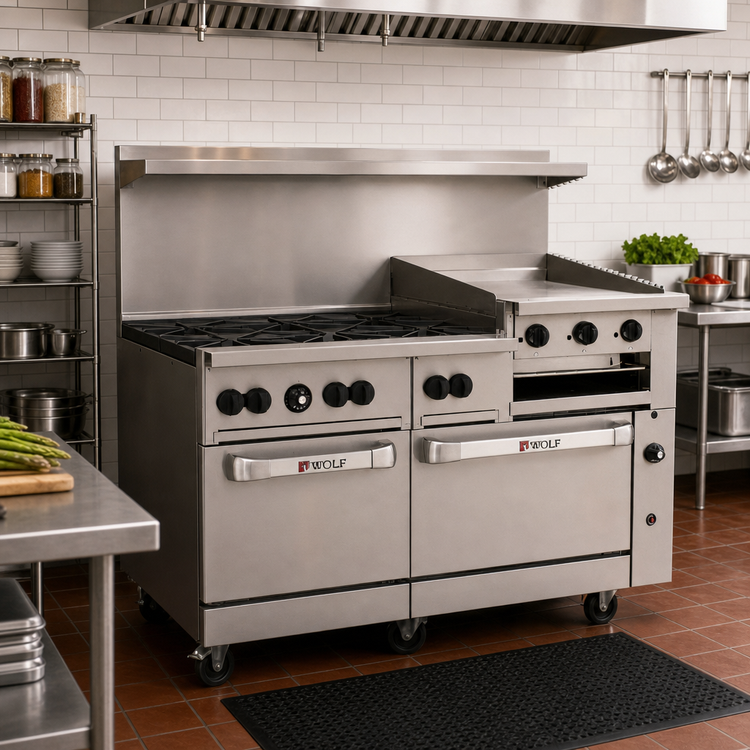 Product image #2 for Wolf Challenger XL 60-Inch Gas Restaurant Range with 6 Open Burners, 24-Inch Manual Griddle-Broiler and 2 Standard Ovens