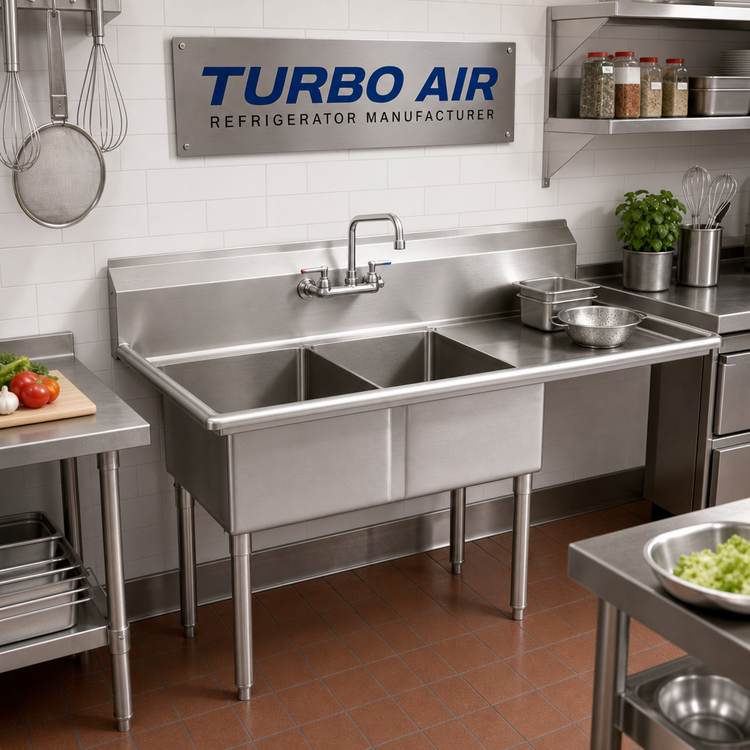 Product image #2 for Turbo Air 2-Compartment Sink with Right-Hand Drainboard, 18" x 18" Bowls, and 11" Backsplash