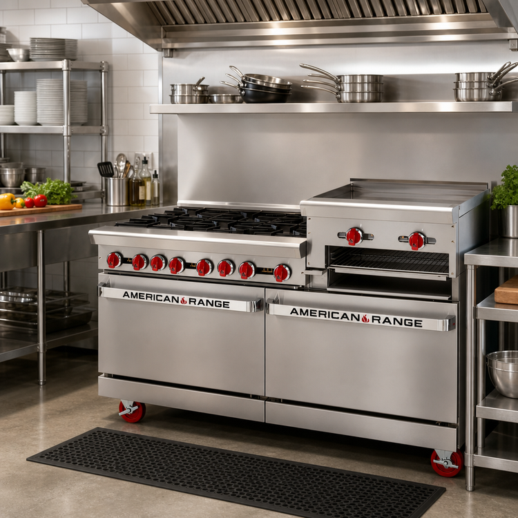 Product image #2 for American Range 72-Inch Gas Restaurant Range with 8 Open Burners, 24-Inch Griddle/Broiler, and 2 Convection Ovens