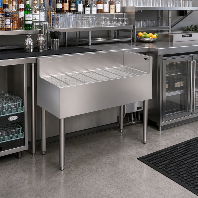 Product image #2 for Krowne Royal Series Freestanding Stainless Steel Underbar Corner Drainboard with Right-End Return, 42 x 19 Inches