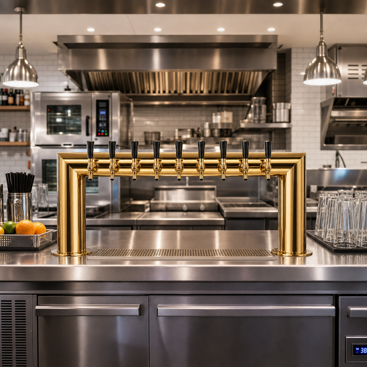 Product image #2 for 35-Inch Wide Pass-Thru Countertop Air-Cooled 8-Faucet Draft Beer Tower, PVD Brass Finish