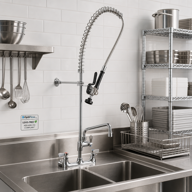 Product image #2 for Lead-Free OptiFlow 8-Inch Center Splash-Mount Pre-Rinse Assembly with 12-Inch Add-On Faucet