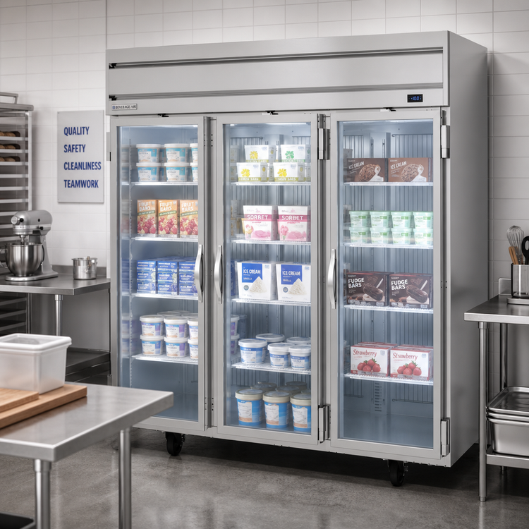 Product image #2 for Beverage-Air Horizon Series Three-Section Reach-In Glass Door Display Freezer, 69.1 Cu. Ft., Top-Mounted Self-Contained Refrigeration