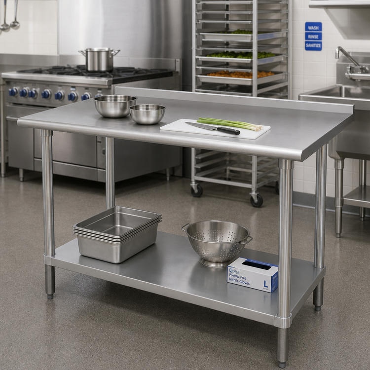 Product image #2 for Advance Tabco 48" x 30" 14-Gauge 304 Stainless Steel Work Table with Adjustable Undershelf and 1-1/2" Rear Up-Turn