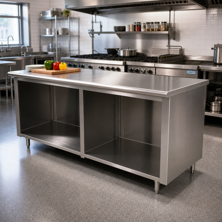 Product image #2 for Advance Tabco 120-Inch x 36-Inch 14-Gauge 304 Stainless Steel Work Table with Open Front Cabinet Base