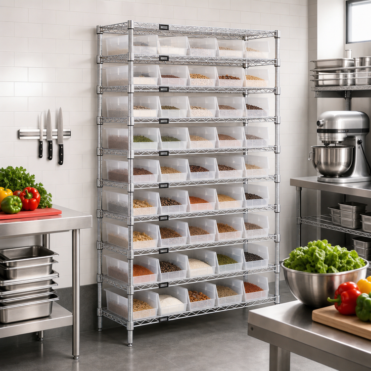 Product image #2 for Quantum Bin Wire Shelving System with 44 Clear Bins, 36 Inch W x 12 Inch D x 74 Inch H
