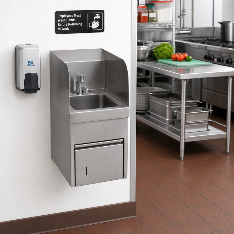 Product image #2 for BK Resources Wall-Mount Hand Sink with Integrated Towel Dispenser, Side Splashes, and 9 x 9 x 5 Bowl