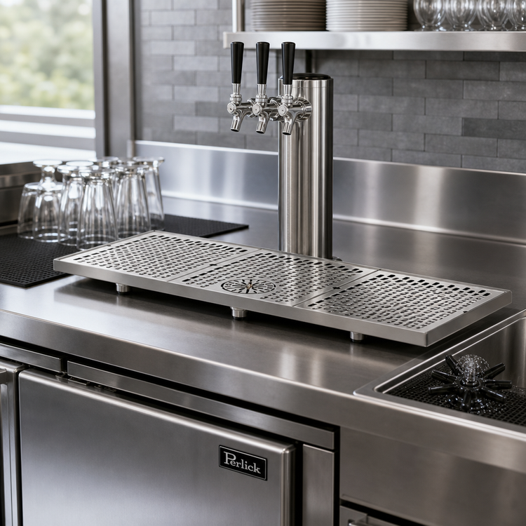 Product image #2 for Perlick 33-Inch Stainless Steel Surface-Mount Drip Tray with Glass Rinser for Brew Pipe Towers