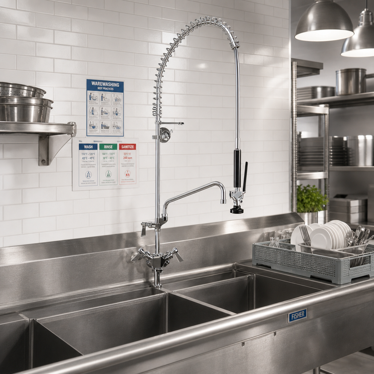 Product image #2 for Fisher Deck-Mount Single-Deck Dual-Control Pre-Rinse Unit with Spring-Action Gooseneck and 12-Inch Add-On Faucet
