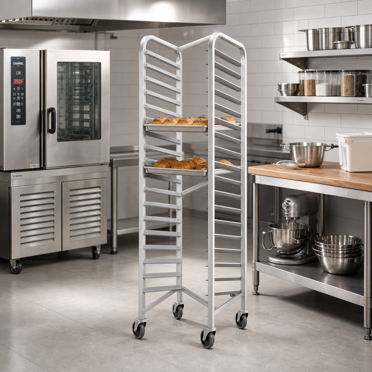 Product image #3 for Channel Mobile Stainless Steel Nesting End-Load Bun Pan Rack, 10-Pan Capacity, 20.5 x 26 x 70.25 Inches