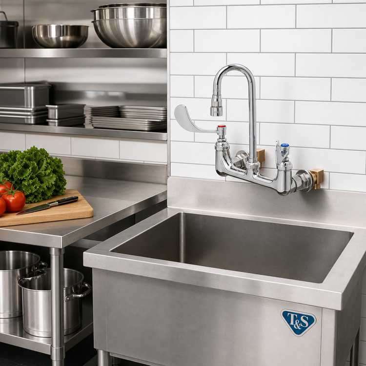 Product image #2 for T&S Brass Double Wall-Mount Pantry Mixing Faucet with Swivel Gooseneck, 8-Inch Centers, 2.2 GPM